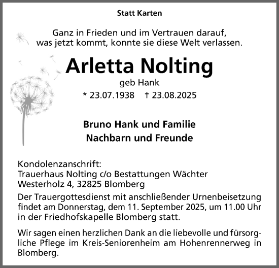 Anzeige  Arletta Nolting  Lippische Landes-Zeitung
