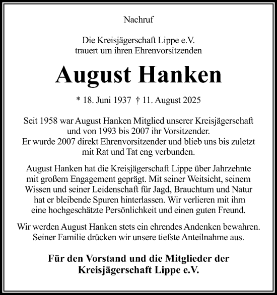 Anzeige  August Hanken  Lippische Landes-Zeitung