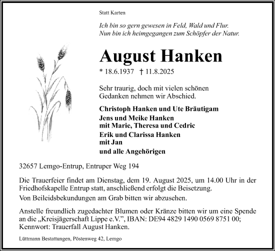 Anzeige  August Hanken  Lippische Landes-Zeitung