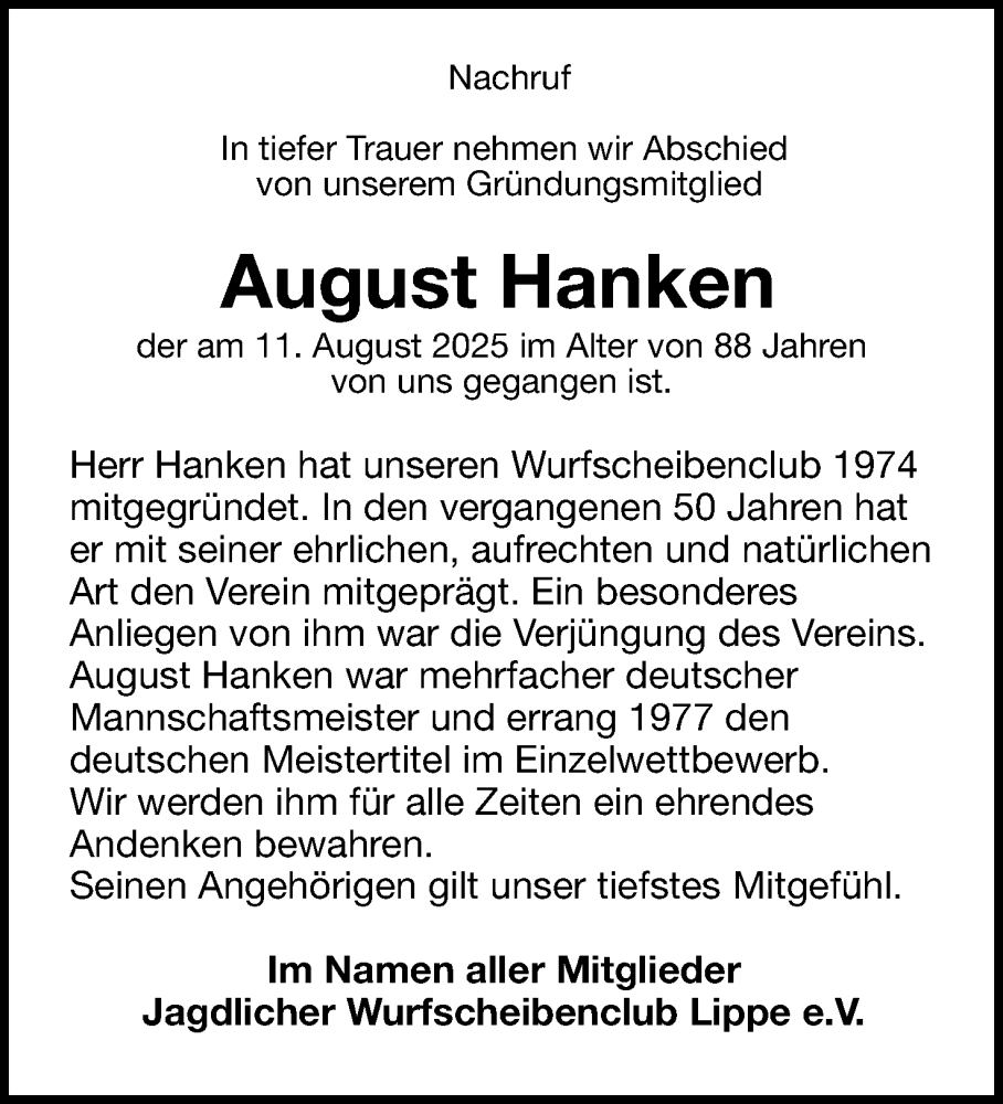  Traueranzeige für August Hanken vom 30.08.2025 aus Lippische Landes-Zeitung