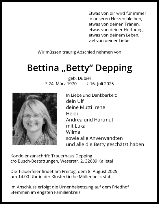 Anzeige  Bettina Depping  Lippische Landes-Zeitung