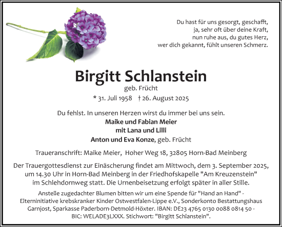 Anzeige  Birgitt Schlanstein  Lippische Landes-Zeitung