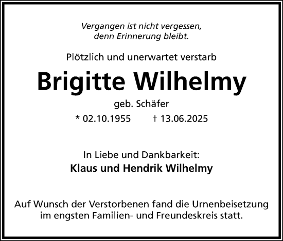 Anzeige  Brigitte Wilhelmy  Lippische Landes-Zeitung