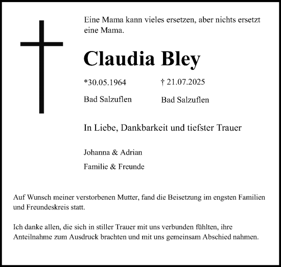 Anzeige  Claudia Bley  Lippische Landes-Zeitung