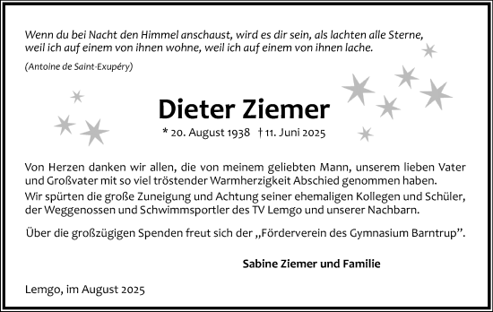 Anzeige  Dieter Ziemer  Lippische Landes-Zeitung