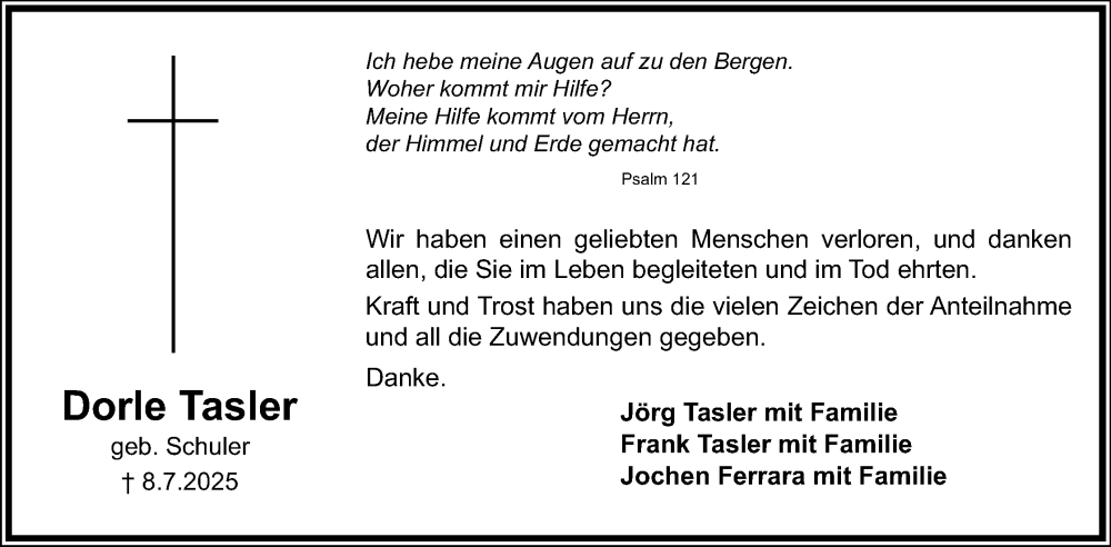  Traueranzeige für Dorle Tasler vom 02.08.2025 aus Lippische Landes-Zeitung