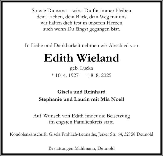 Anzeige  Edith Wieland  Lippische Landes-Zeitung