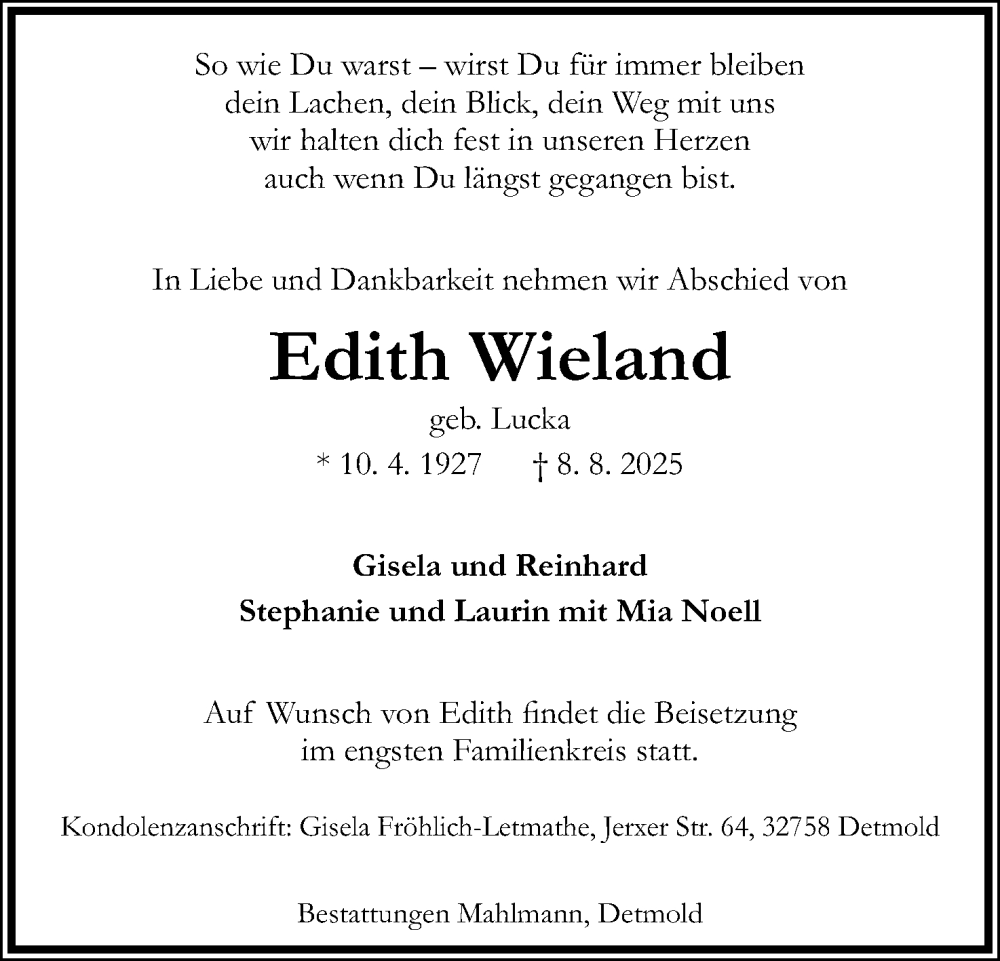  Traueranzeige für Edith Wieland vom 16.08.2025 aus Lippische Landes-Zeitung