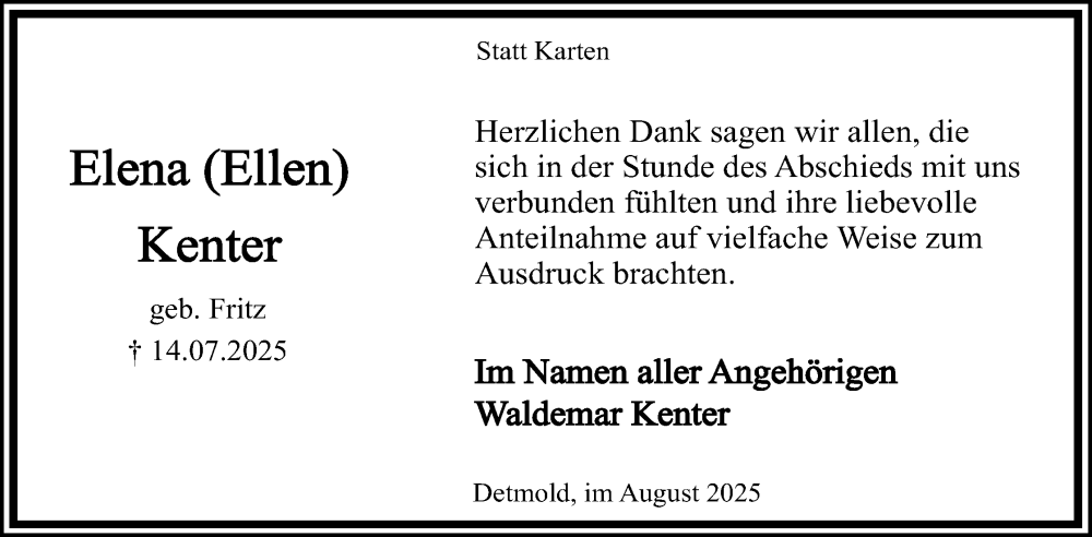  Traueranzeige für Elena Kenter vom 09.08.2025 aus Lippische Landes-Zeitung