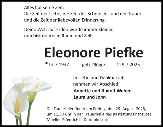 Anzeige  Eleonore Piefke  Lippische Landes-Zeitung
