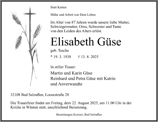 Anzeige  Elisabeth Güse  Lippische Landes-Zeitung