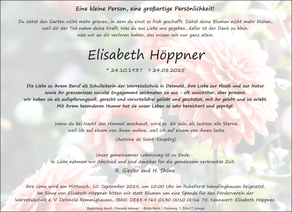  Traueranzeige für Elisabeth Höppner vom 30.08.2025 aus Lippische Landes-Zeitung