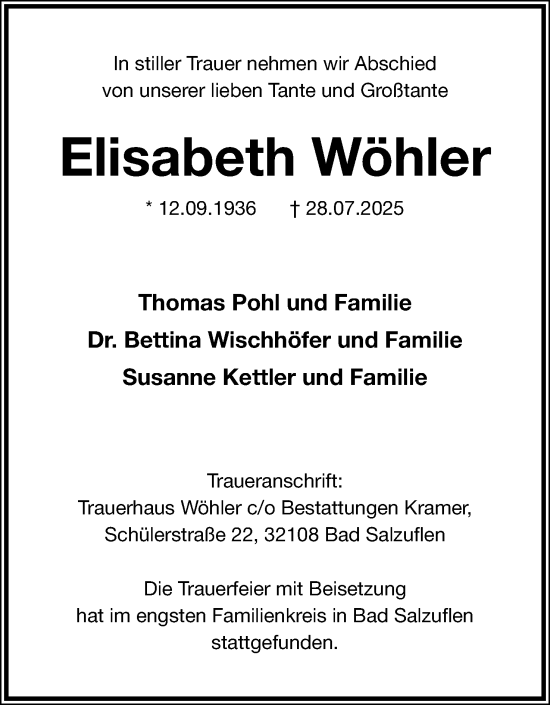 Anzeige  Elisabeth Wöhler  Lippische Landes-Zeitung