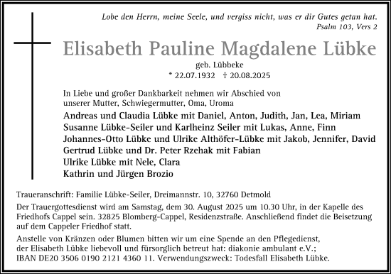 Anzeige  Elisabeth Pauline Magdalene Lübke  Lippische Landes-Zeitung