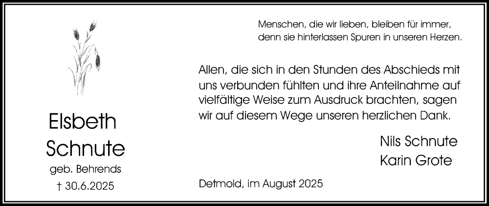  Traueranzeige für Elsbeth Schnute vom 16.08.2025 aus Lippische Landes-Zeitung