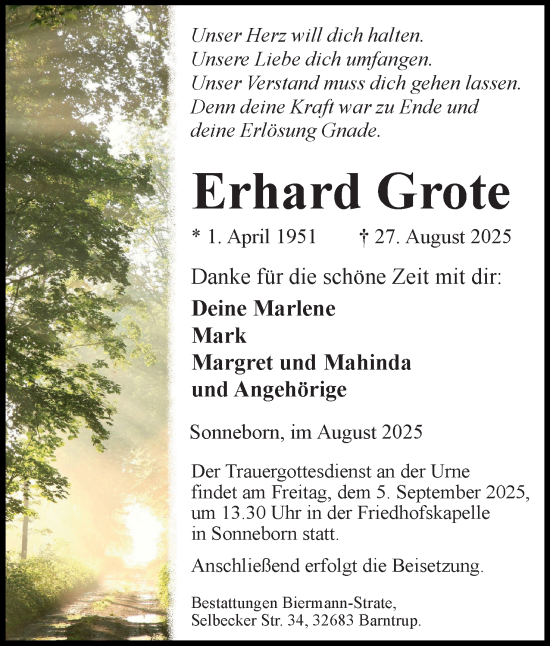 Anzeige  Erhard Grote  Lippische Landes-Zeitung