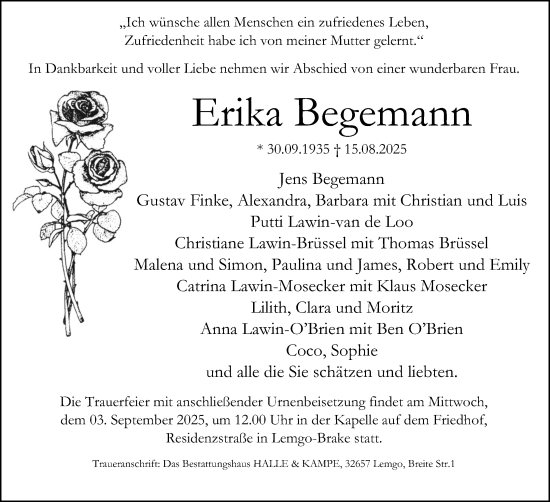 Anzeige  Erika Begemann  Lippische Landes-Zeitung
