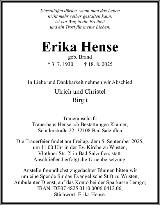 Anzeige  Erika Hense  Lippische Landes-Zeitung