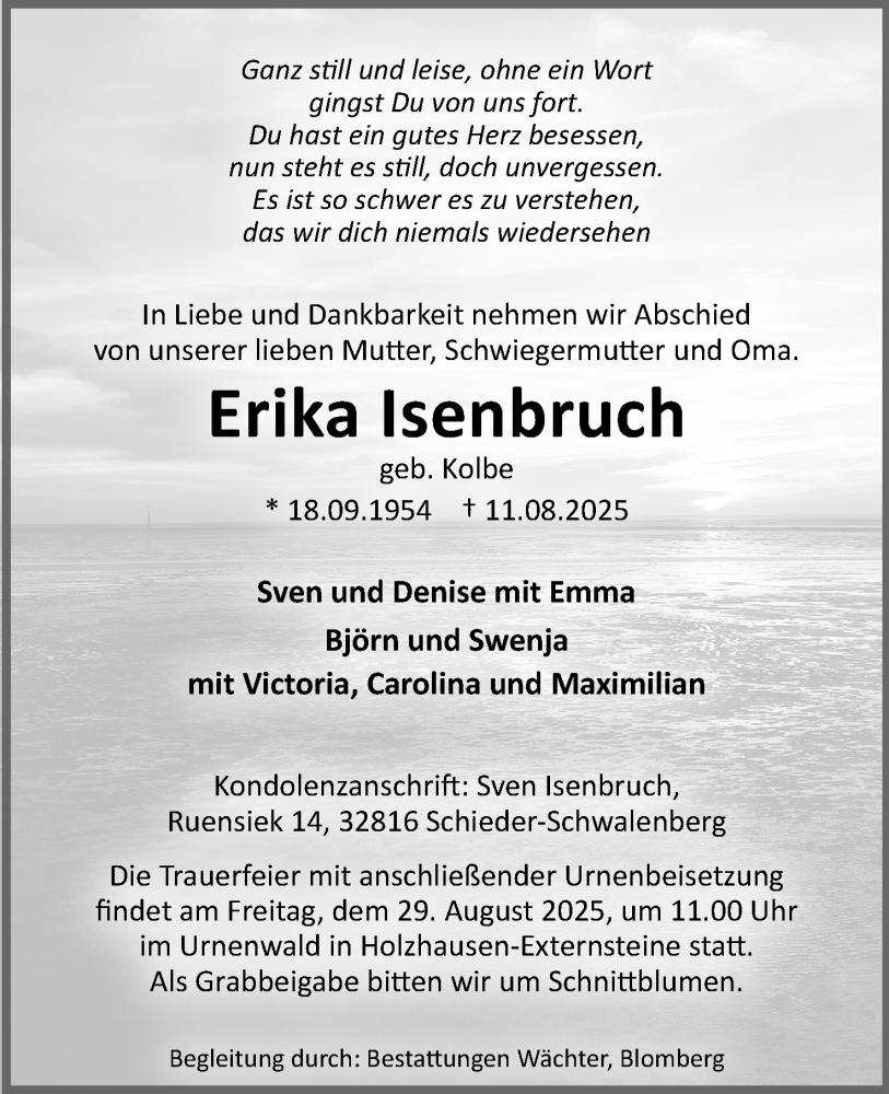  Traueranzeige für Erika Isenbruch vom 16.08.2025 aus Lippische Landes-Zeitung