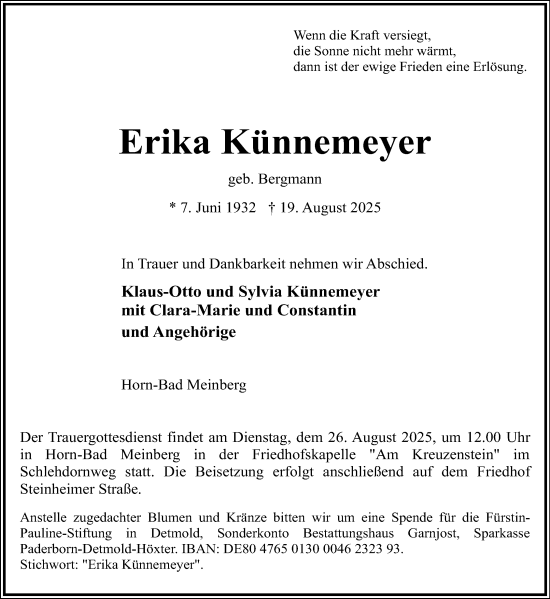 Anzeige  Erika Künnemeyer  Lippische Landes-Zeitung