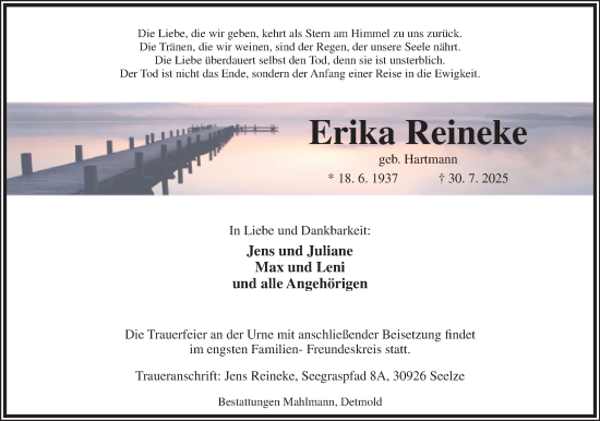 Anzeige  Erika Reineke  Lippische Landes-Zeitung