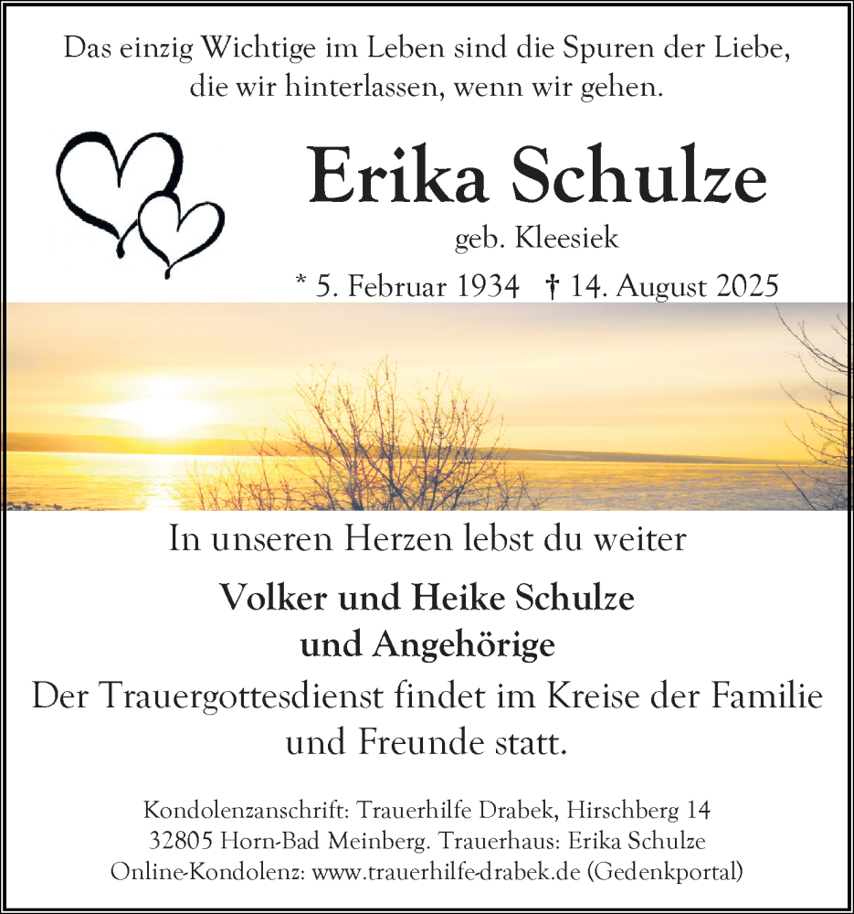  Traueranzeige für Erika Schulze vom 23.08.2025 aus Lippische Landes-Zeitung