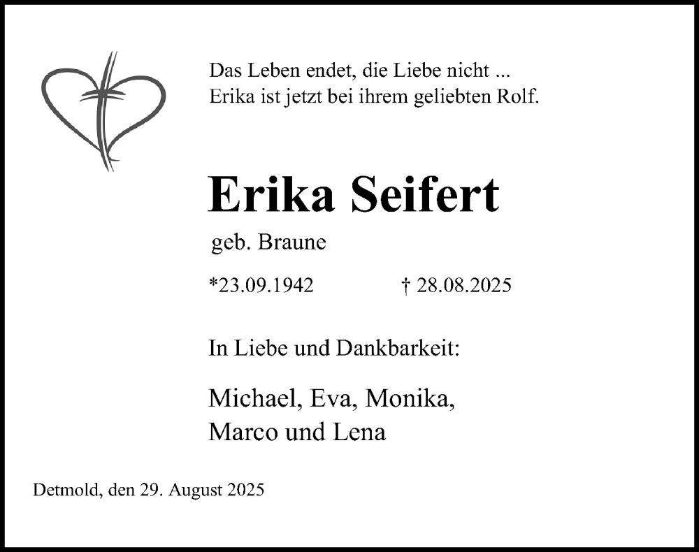  Traueranzeige für Erika Seifert vom 30.08.2025 aus Lippische Landes-Zeitung
