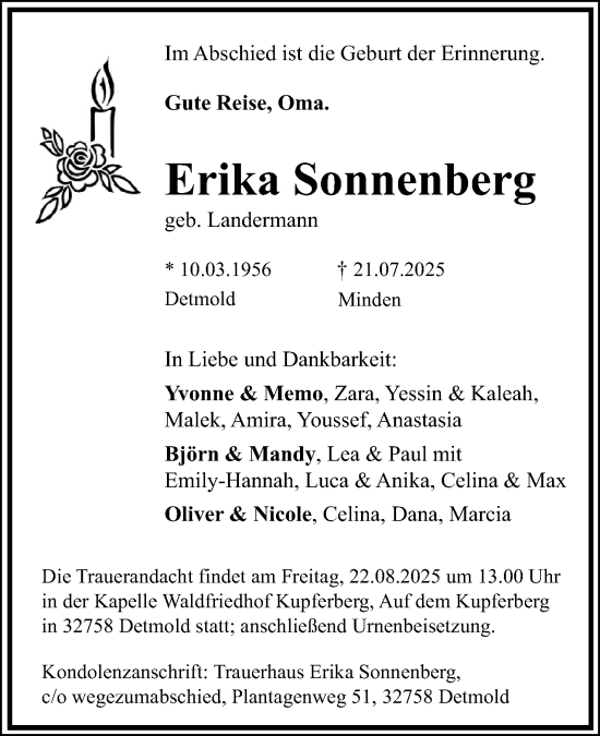 Anzeige  Erika Sonnenberg  Lippische Landes-Zeitung