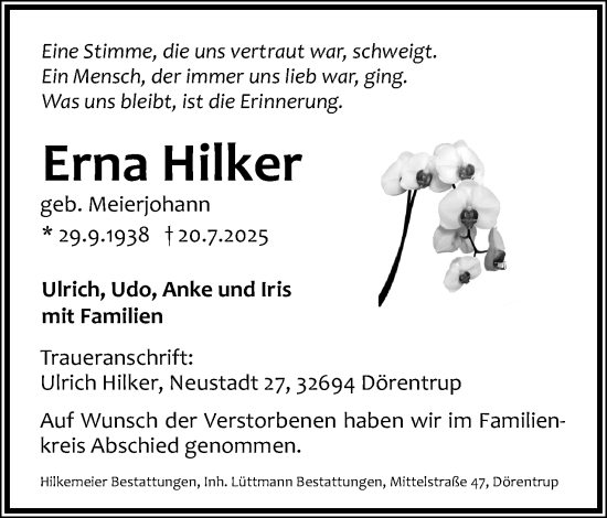 Anzeige  Erna Hilker  Lippische Landes-Zeitung