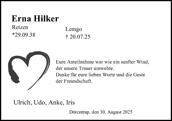 Anzeige  Erna Hilker  Lippische Landes-Zeitung