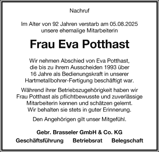 Anzeige  Eva Potthast  Lippische Landes-Zeitung