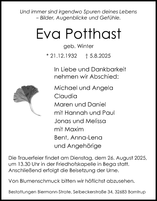Anzeige  Eva Potthast  Lippische Landes-Zeitung
