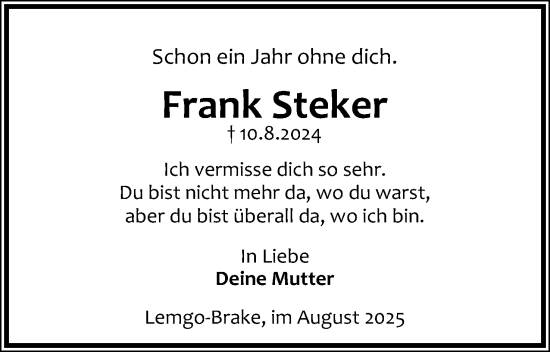 Anzeige  Frank Steker  Lippische Landes-Zeitung