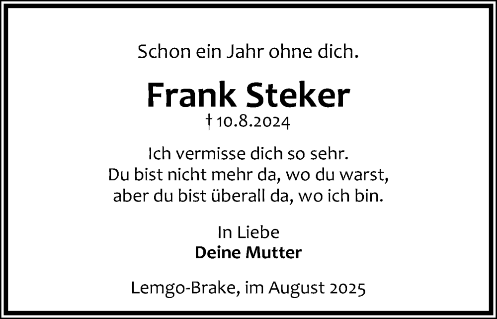  Traueranzeige für Frank Steker vom 09.08.2025 aus Lippische Landes-Zeitung