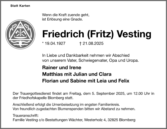 Anzeige  Friedrich Vesting  Lippische Landes-Zeitung