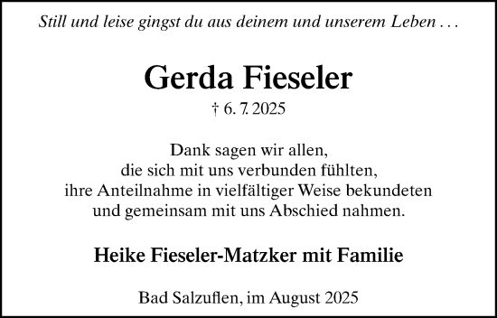 Anzeige  Gerda Fieseler  Lippische Landes-Zeitung