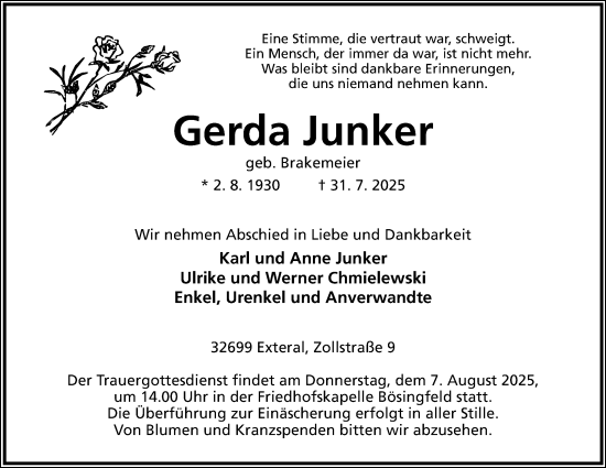Anzeige  Gerda Junker  Lippische Landes-Zeitung