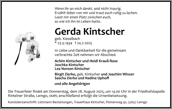 Anzeige  Gerda Kintscher  Lippische Landes-Zeitung