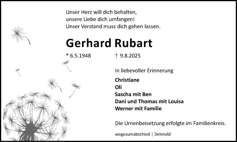  Traueranzeige für Gerhard Rubart vom 23.08.2025 aus Lippische Landes-Zeitung