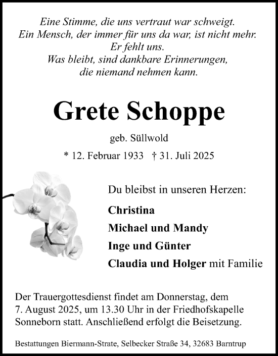 Anzeige  Grete Schoppe  Lippische Landes-Zeitung