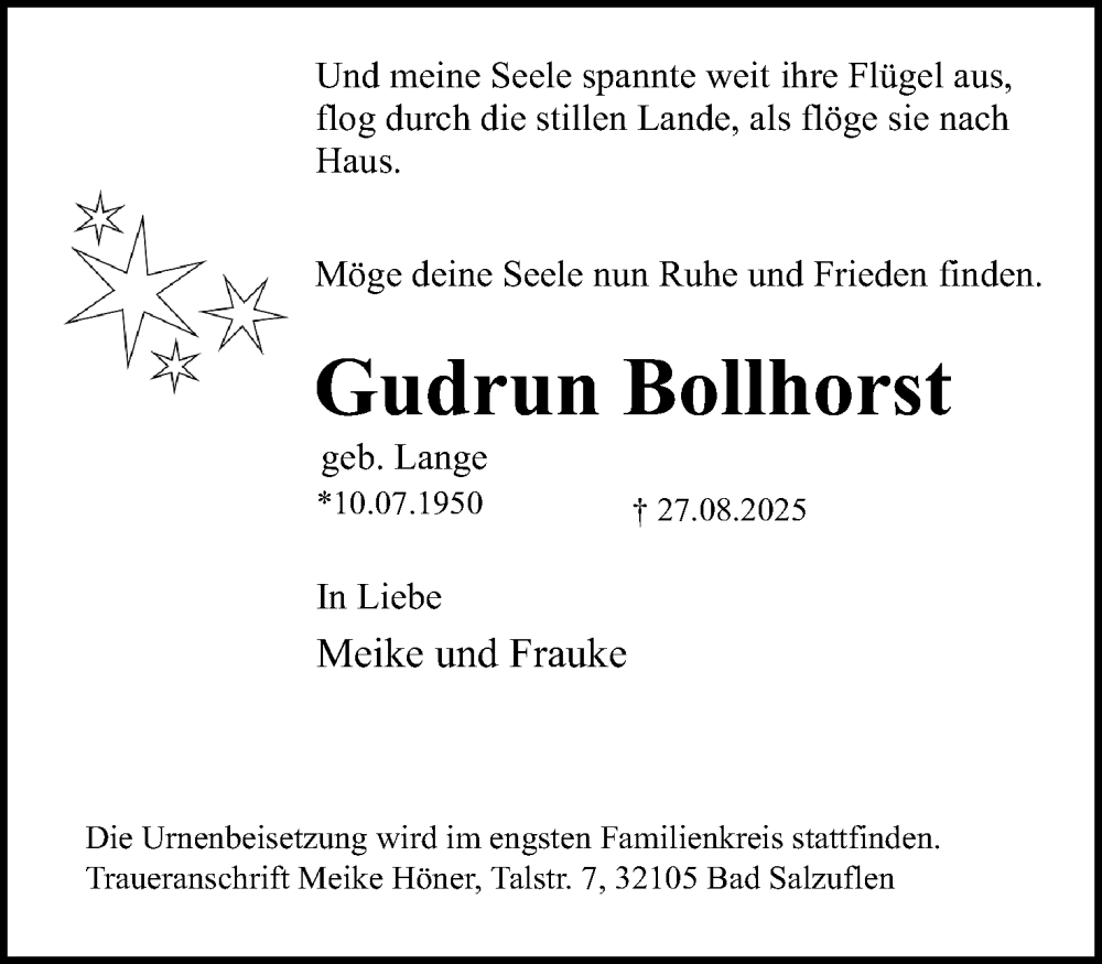  Traueranzeige für Gudrun Bollhorst vom 30.08.2025 aus Lippische Landes-Zeitung