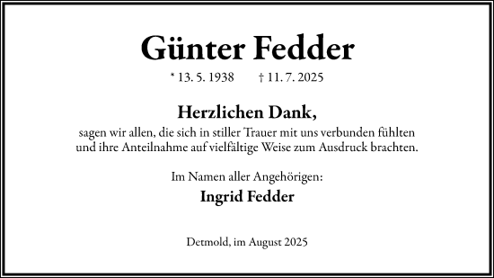 Anzeige  Günter Fedder  Lippische Landes-Zeitung