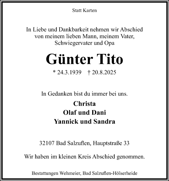 Anzeige  Günter Tito  Lippische Landes-Zeitung