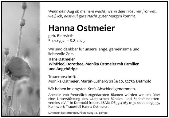 Anzeige  Hanna Ostmeier  Lippische Landes-Zeitung