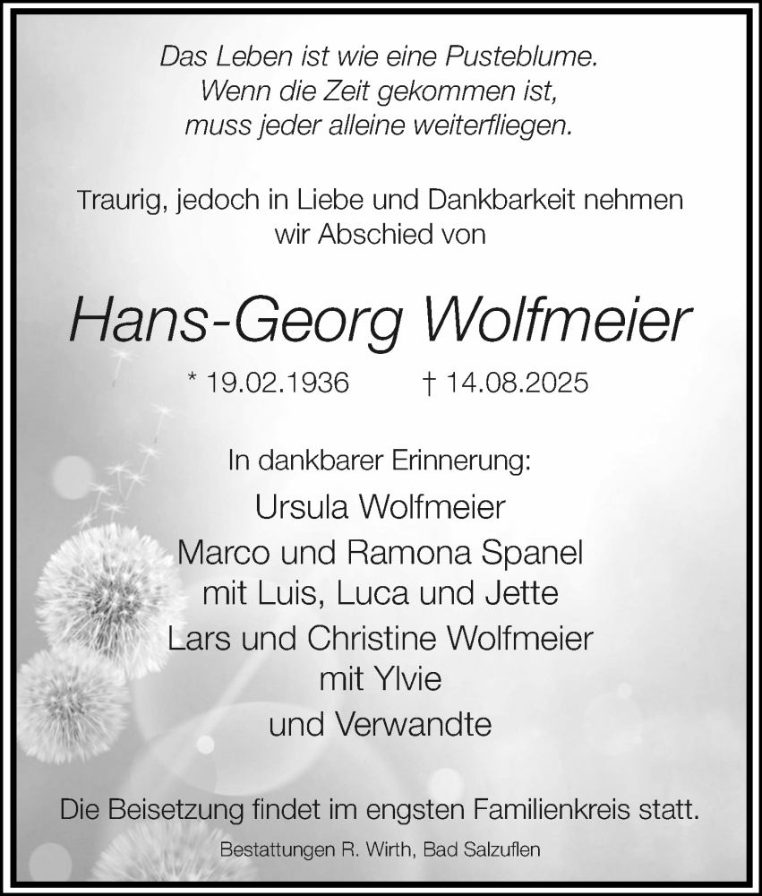  Traueranzeige für Hans-Georg Wolfmeier vom 23.08.2025 aus Lippische Landes-Zeitung