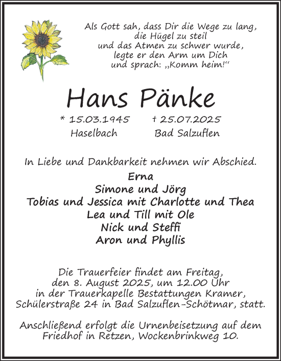 Anzeige  Hans Pänke  Lippische Landes-Zeitung