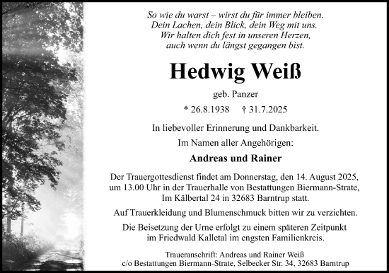 Anzeige  Hedwig Weiß  Lippische Landes-Zeitung