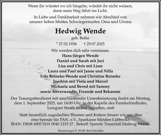 Anzeige  Hedwig Wende  Lippische Landes-Zeitung