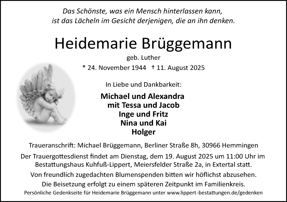  Traueranzeige für Heidemarie Brüggemann vom 16.08.2025 aus Lippische Landes-Zeitung
