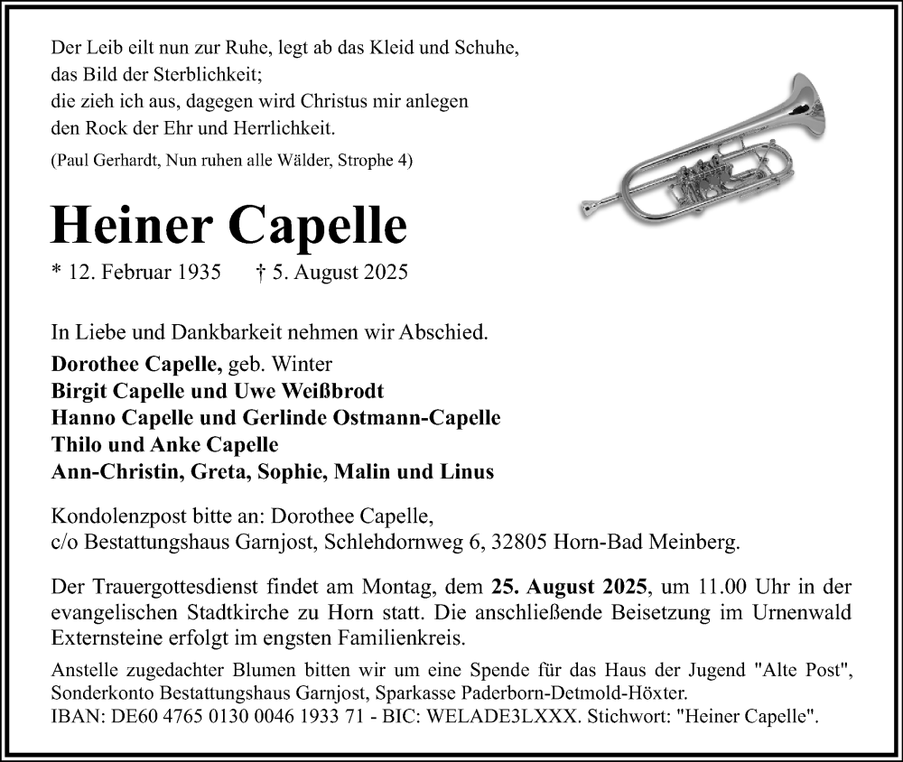 Traueranzeige für Heiner Capelle vom 09.08.2025 aus Lippische Landes-Zeitung